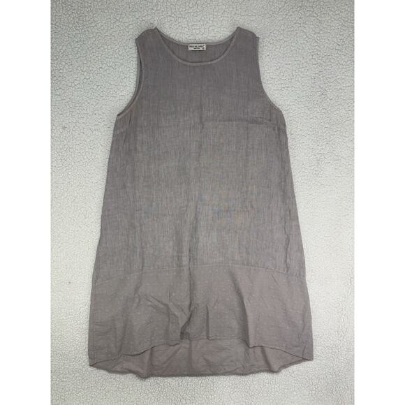 Terzo Millennio 100% Linen Dress Medium Italy Grey Eyelet Embroidered Hem Hi Low - Picture 1 of 6